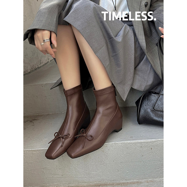 Karin Luna French Style Square Toe Bowknot Hidden Wedge Slim Boots
