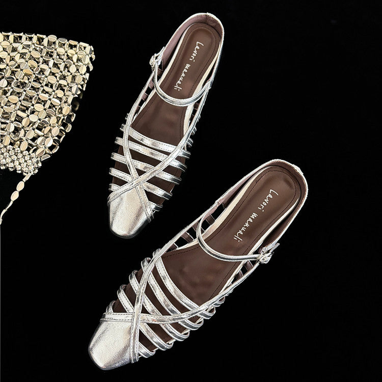 Karin Luna In Stock Spot Goods   French Retro Hollow Small Square Toe One-Strap Slippers
