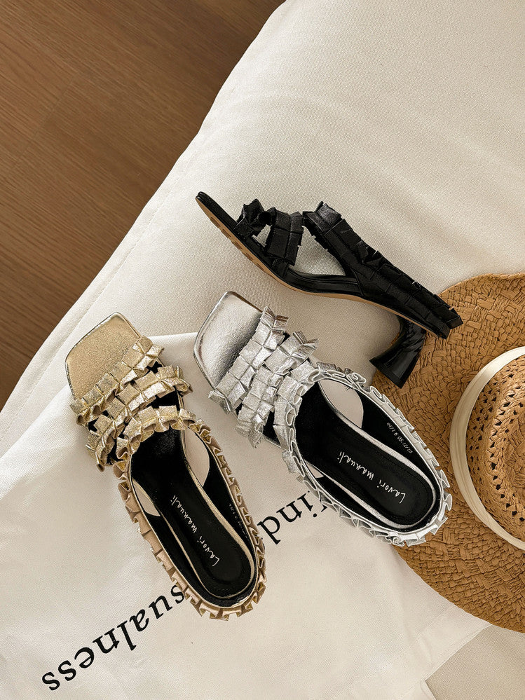 Karin Luna In Stock  Spot Goods  Unique Square-Toe Pleated Lace Sandals