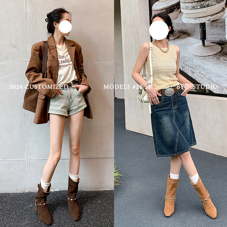 Karin Luna has prepared stock  Hot-Selling Retro Pointed Toe Wedge Metal Buckle High Tube Western Boots