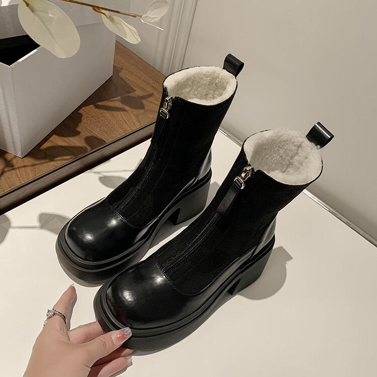 Karin Luna Basic Bestseller Timeless Thick Fur Lined Round Toe Thick Sole Cowhide Snow Boots
