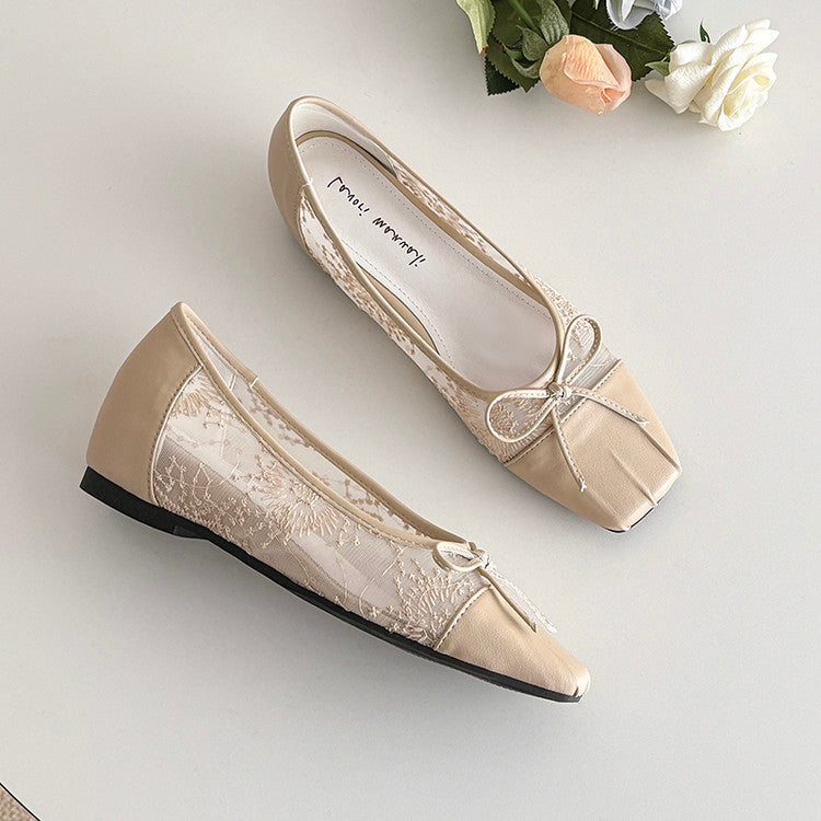 Karin Luna In Stock In Stock  Wrinkled Square Toe Patchwork Breathable Mesh Bow Granny Shoes