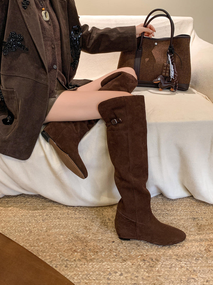 Karin Luna In Stock Spot Goods Vintage Cowhide Leather Two-Way Wear Pointed Toe Height-Increasing Long Boots