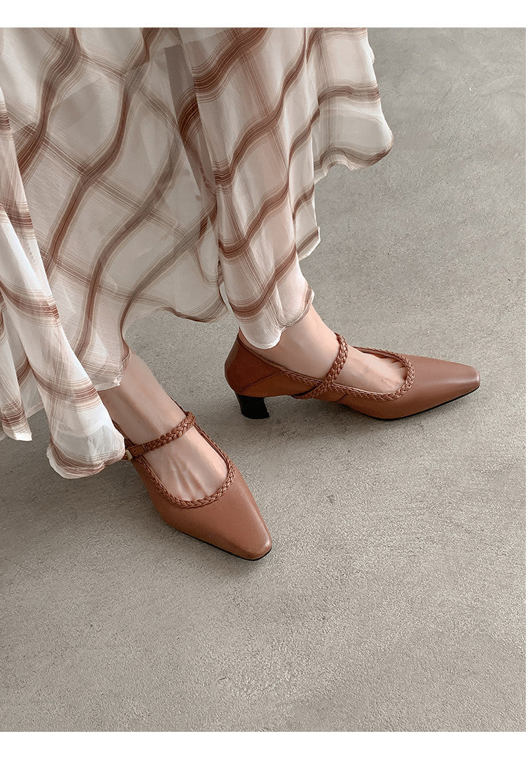 Karin Luna Braided Element Design Chunky Heel Square Toe Single Strap Shoes