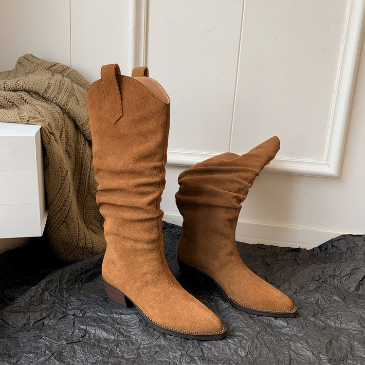 Karin Luna Elegant Style  Pointed Toe Wrinkled Wide Western Boots