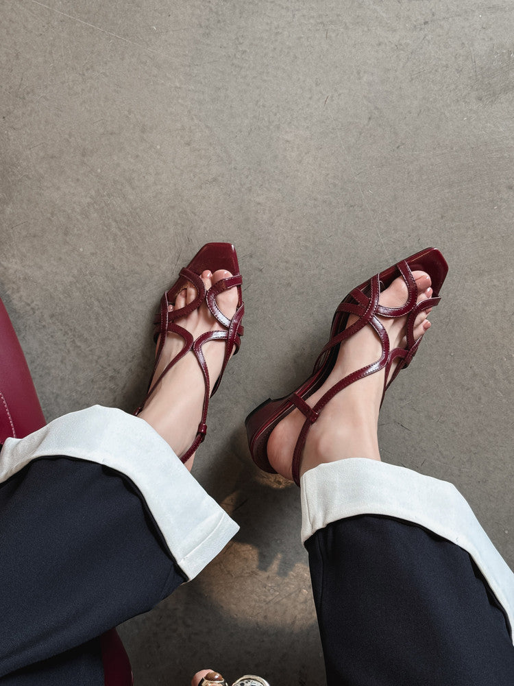 Karin Luna French Hollow Style Small Square Toe Chunky Heel Sandals