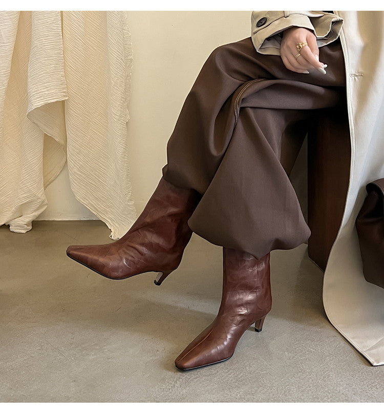 Karin Luna In Stock Spot Goods Top Layer Stone Pattern Cowhide Textured Small Square Toe Straight Short Boots