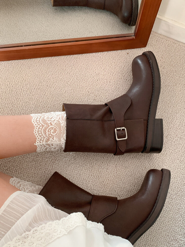 Karin Luna Belt Buckle Chunky Heel Fashion Short Boots