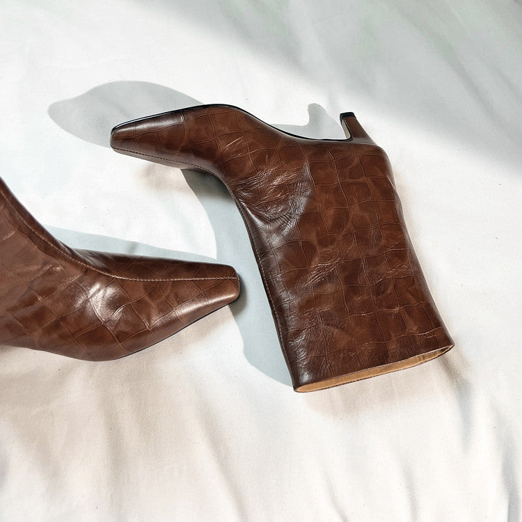 Karin Luna In Stock Spot Goods Top Layer Stone Pattern Cowhide Textured Small Square Toe Straight Short Boots