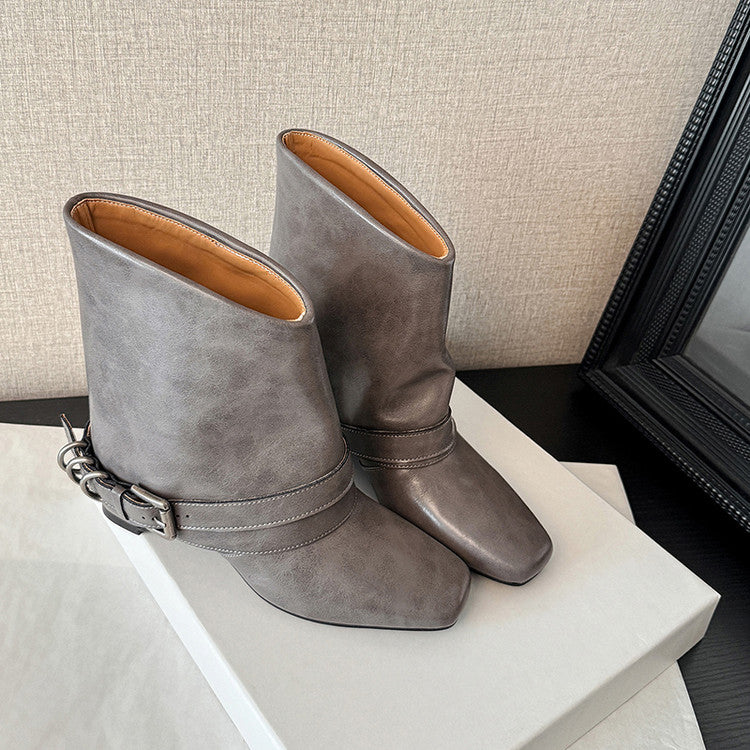 Karin Luna Data Hot Item Square Toe Hidden Wedge Belt Buckle Suede Ankle Boots