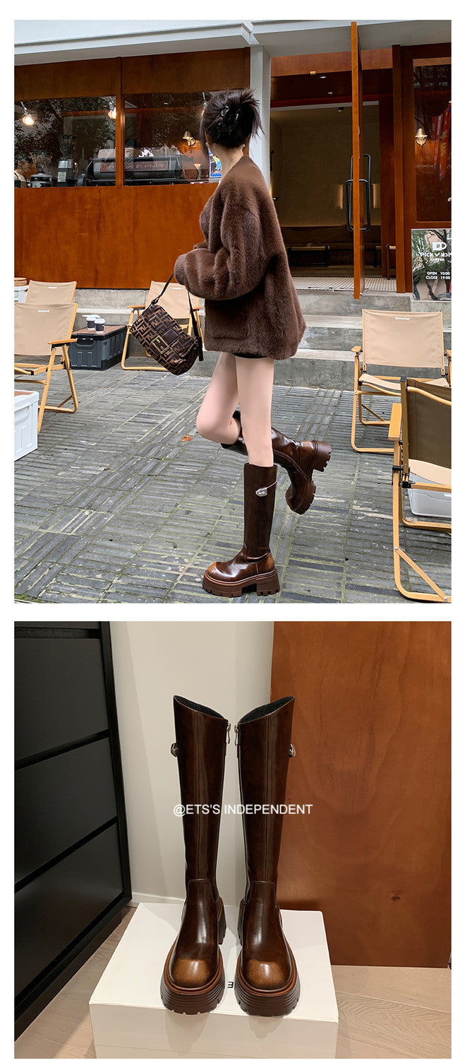 Karin Luna In Stock In Stock  Round Toe Thick Sole Belt Buckle Side Zipper Knight Boots