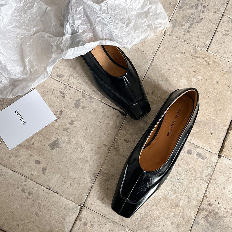 Karin Luna In Stock Spot Goods  Retro Full Leather Square Toe Shallow Mouth Single Shoes