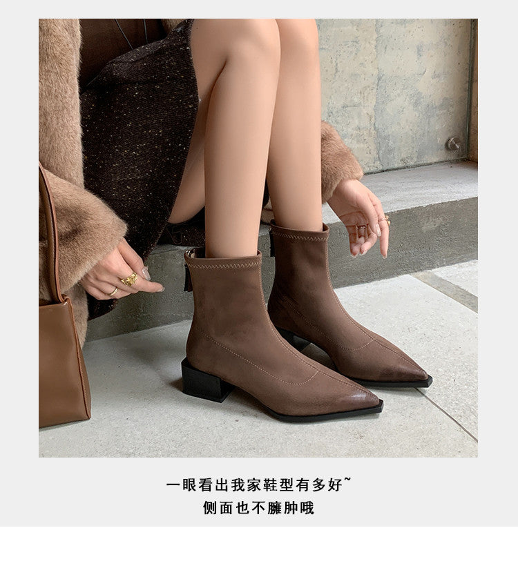 Karin Luna In Stock In Stock Elastic Slim Pointed Toe Chunky Heel Basic Ankle Boots