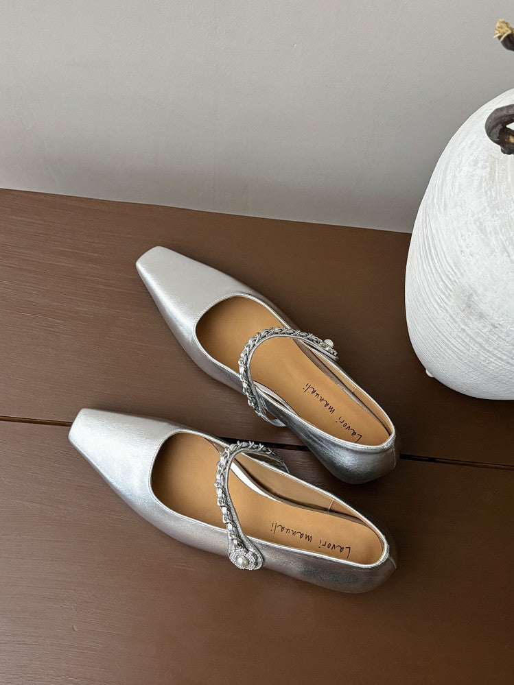 Karin Luna In Stock In Stock ~Metal One-Strap Pearl Small Square Toe Height-Increasing Flats