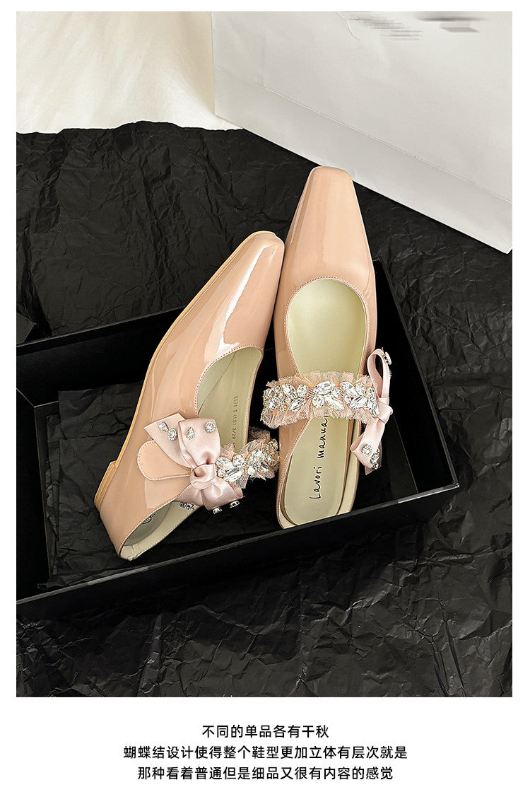 Karin Luna Handmade One-Strap Rhinestone Ribbon Square-Toe Mules