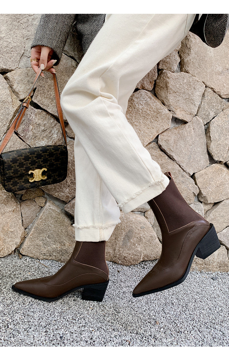 Karin Luna In Stock Spot Goods   Elegant Pointed Toe Chunky Heel Ankle Boots