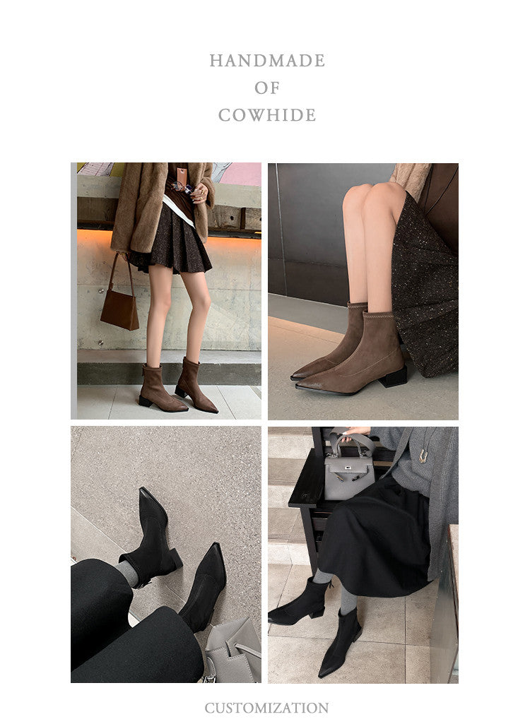 Karin Luna In Stock In Stock Elastic Slim Pointed Toe Chunky Heel Basic Ankle Boots