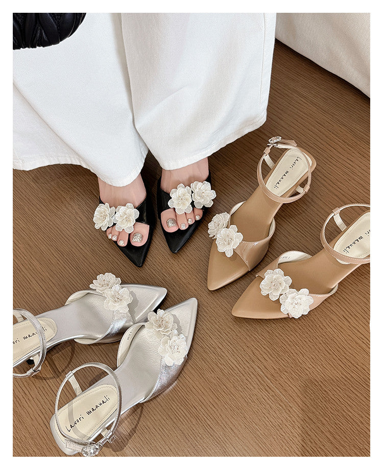 Karin Luna In Stock Spot Goods  Classic Camellia Pointed Toe Elegant Irregular Heel Sandals