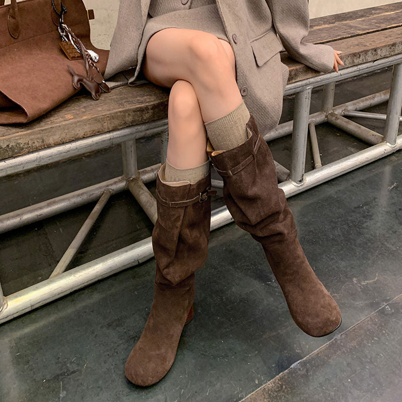 Karin Luna In Stock In Stock Mango Head Large Tube Belt Buckle Chunky Heel Long Boots