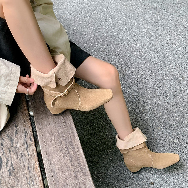Karin Luna Foldable Belt Buckle Square Toe Hidden Wedge Short Boots