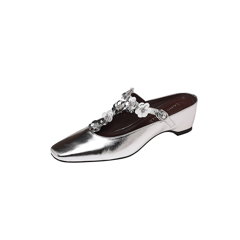 Karin Luna In Stock Spot Goods  T Handmade Sequin Flower Square Toe Height-Increasing Closed-Toe Slippers