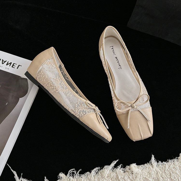 Karin Luna In Stock In Stock  Wrinkled Square Toe Patchwork Breathable Mesh Bow Granny Shoes