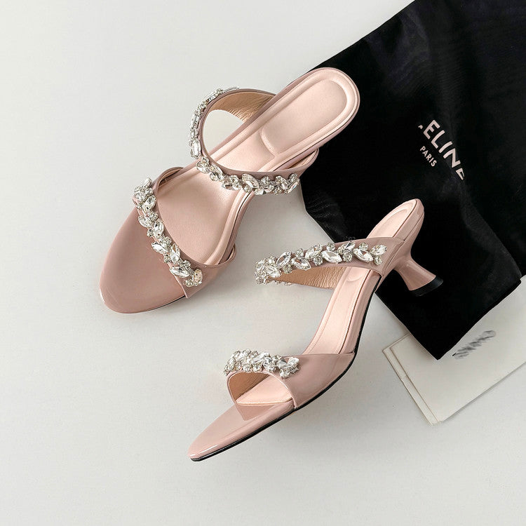 Karin Luna Exquisite Round Toe One-Strap Rhinestone Thin Heel Slippers