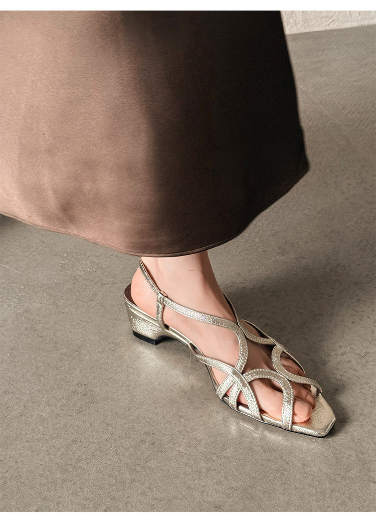 Karin Luna French Hollow Style Small Square Toe Chunky Heel Sandals