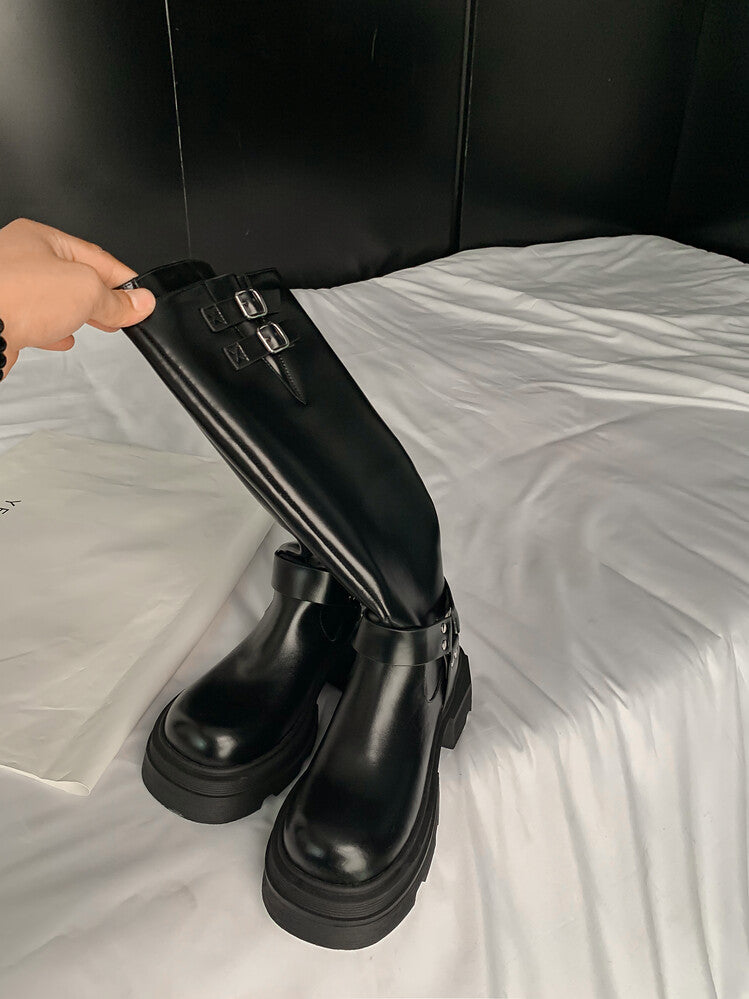 Karin Luna Full Cowhide  miumiu Popular Round Toe Thick Sole Beautiful and height-increasing