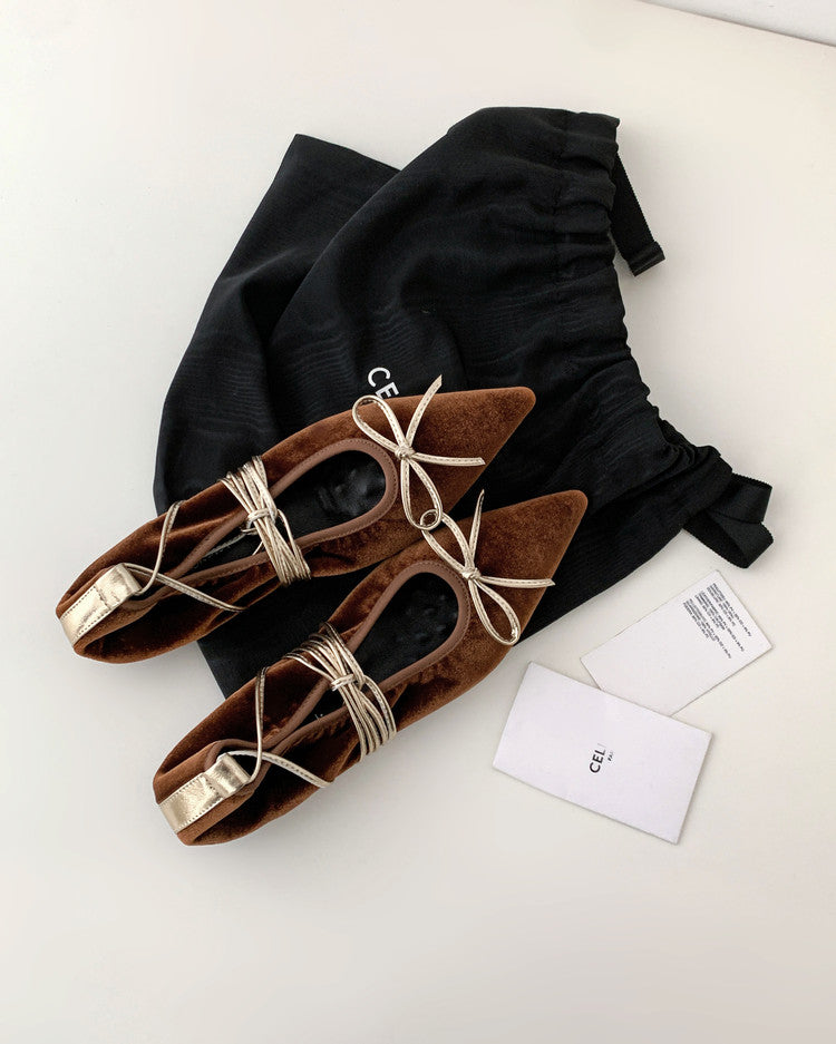 Karin Luna In Stock In Stock Retro Velvet Pointed Toe Bowknot Single Shoes