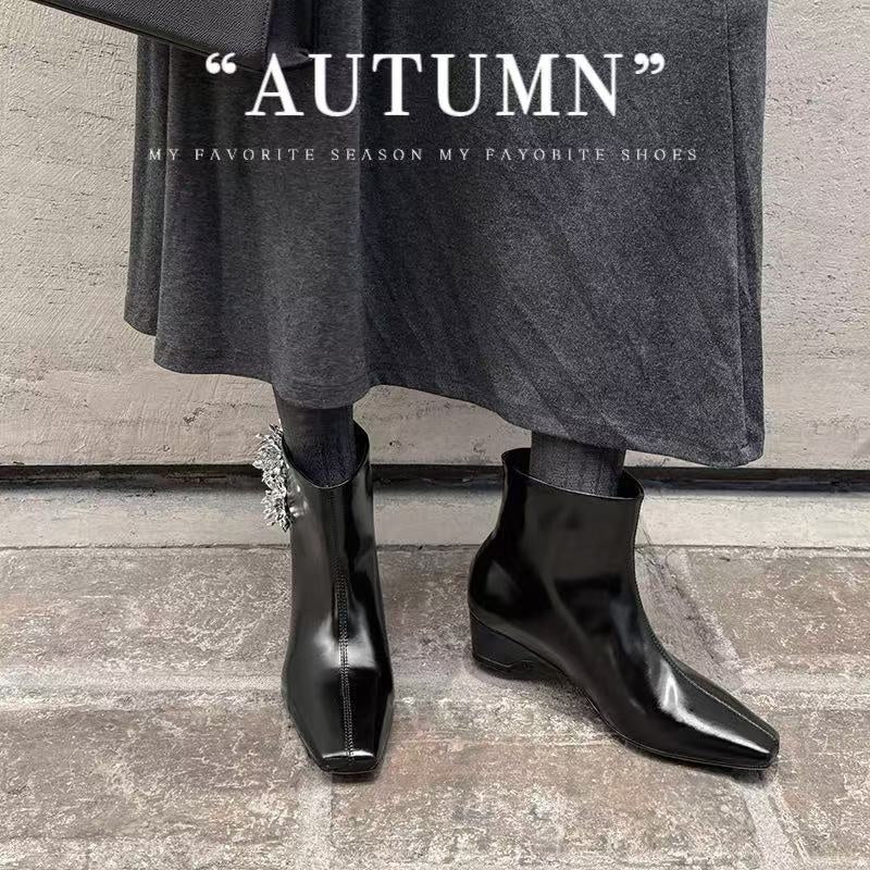 Karin Luna Elegant Style Square Toe Flower Design Height Increasing Short Boots with Two Front and Back Options