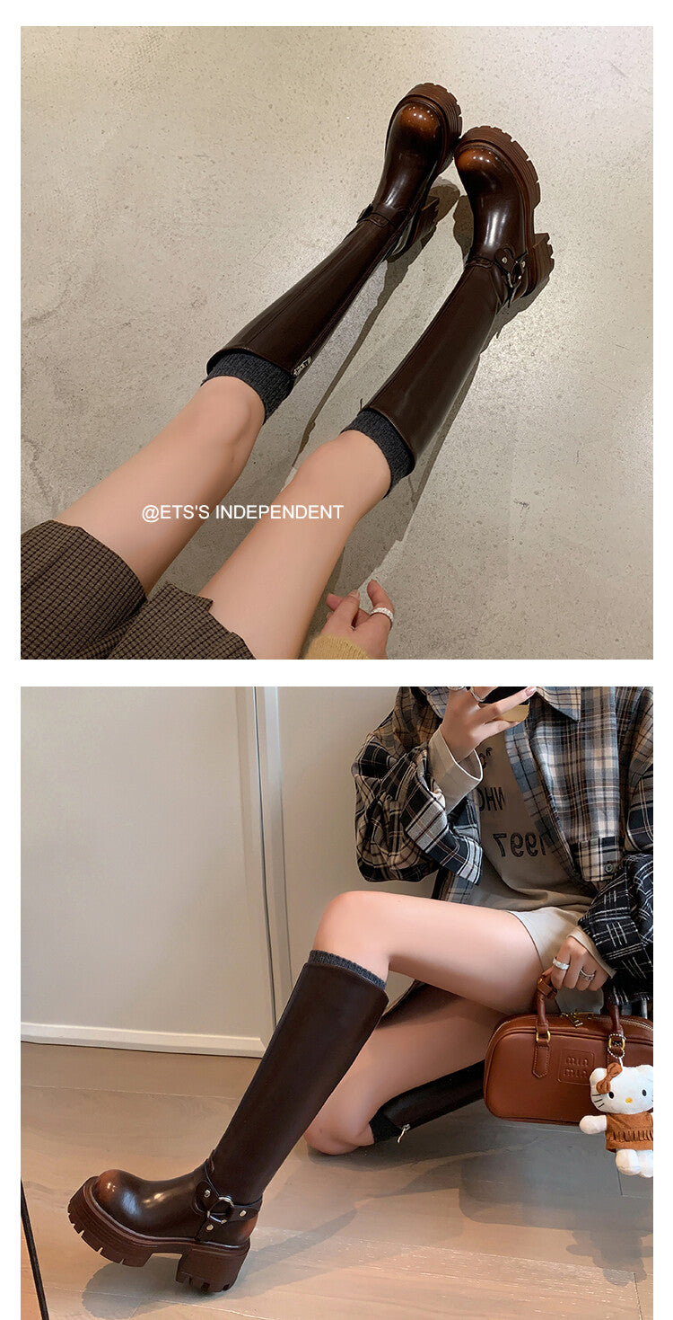 Karin Luna In Stock In Stock Slimming Diagonal Cut Tube Top  Best-selling in stock Retro Metal Buckle Thick-Soled Long Boots