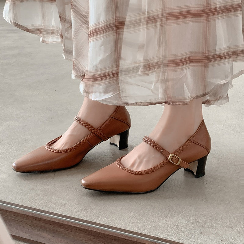 Karin Luna Braided Element Design Chunky Heel Square Toe Single Strap Shoes