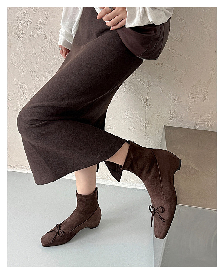 Karin Luna French Style Square Toe Bowknot Hidden Wedge Slim Boots