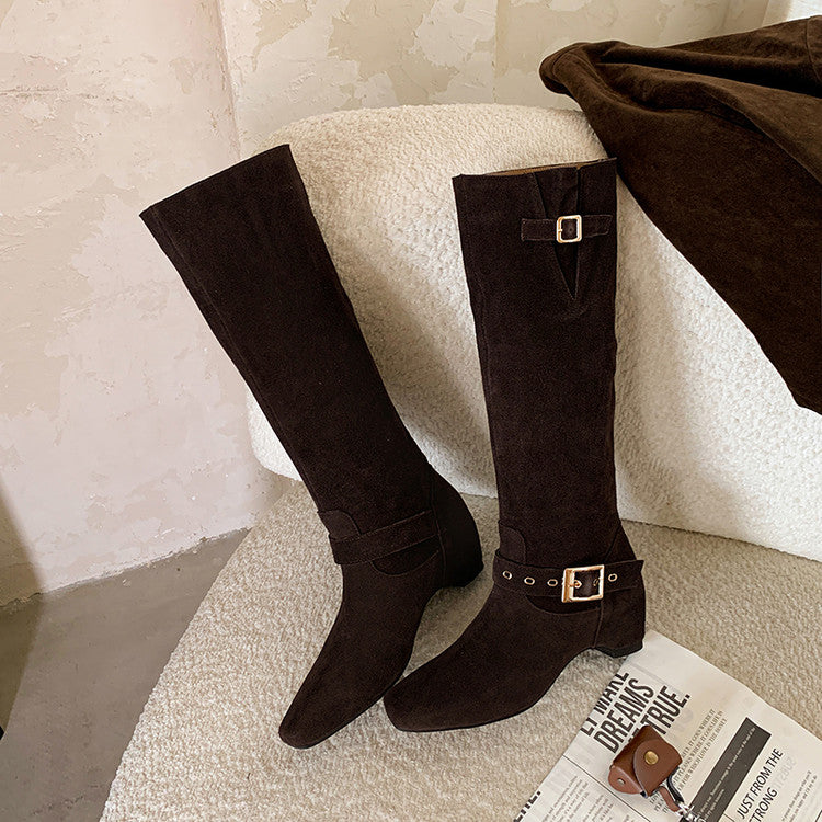 Karin Luna Data Model Belt Buckle Matte Square Toe Hidden Wedge Slouch Western Boots