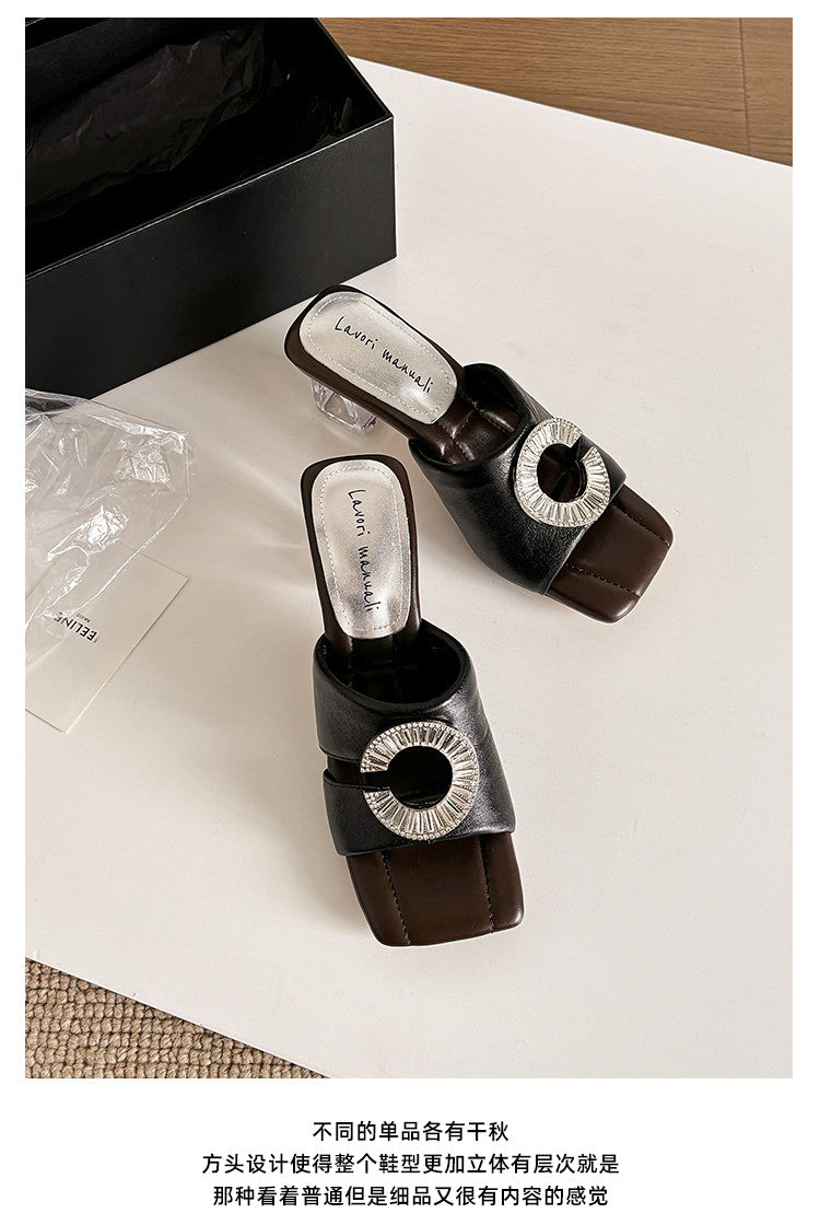 Karin Luna In Stock  Spot Goods  Large Rhinestone Square-Toed Crystal Heel Slippers