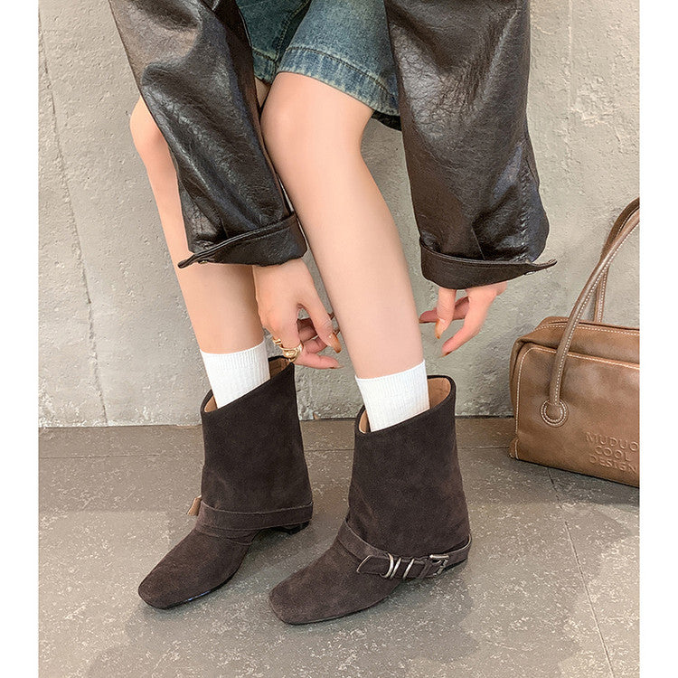Karin Luna Data Hot Item Square Toe Hidden Wedge Belt Buckle Suede Ankle Boots