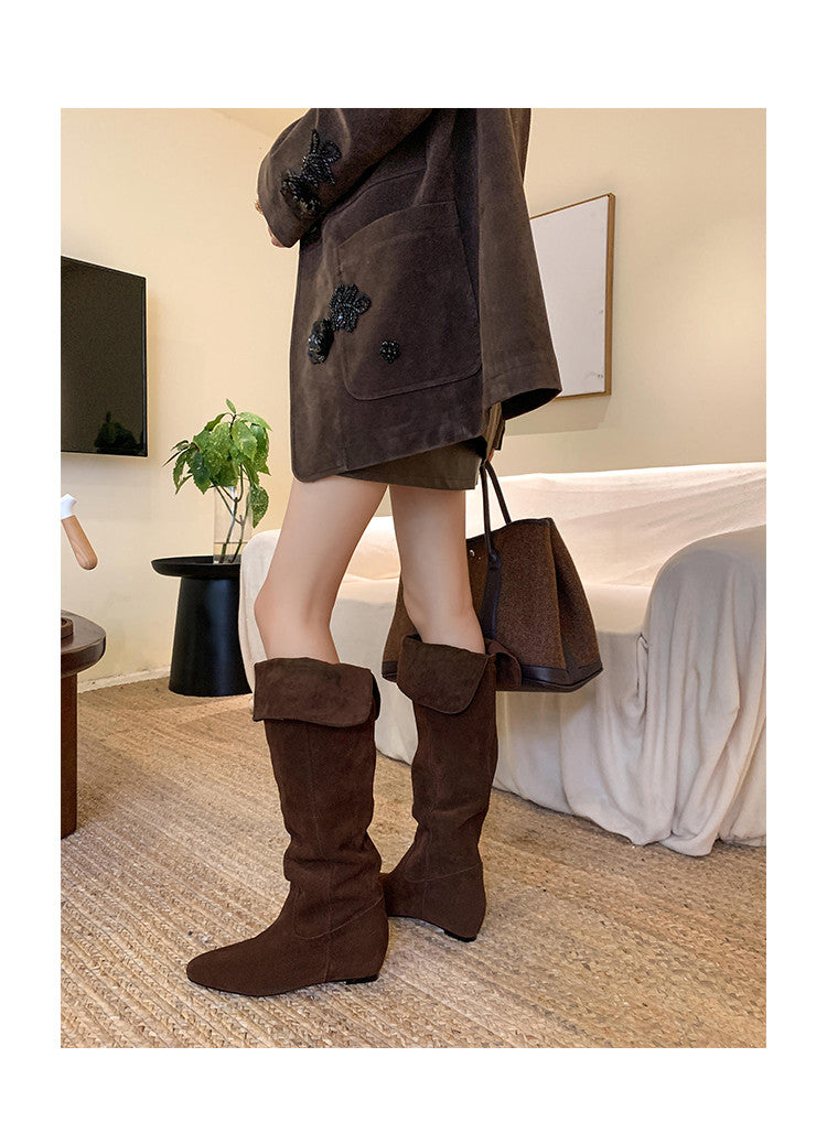 Karin Luna In Stock Spot Goods Vintage Cowhide Leather Two-Way Wear Pointed Toe Height-Increasing Long Boots