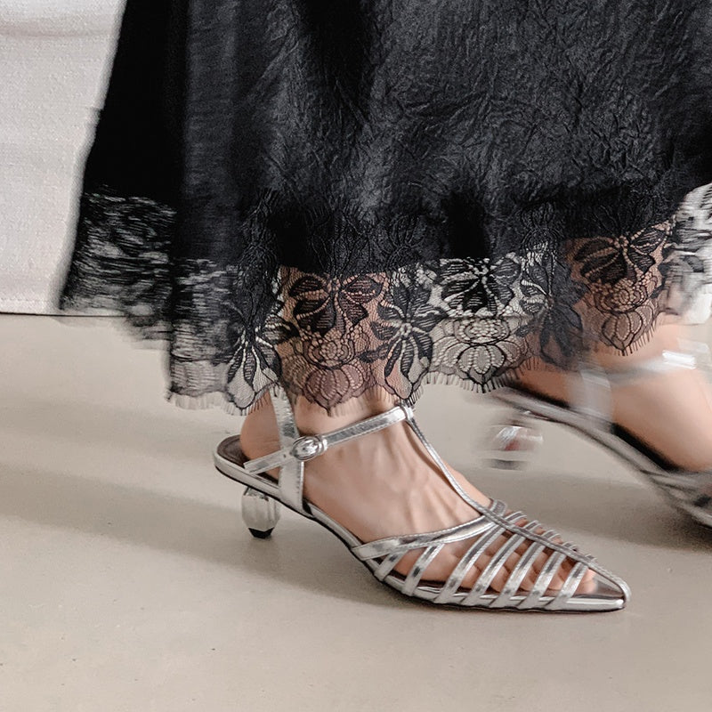 Karin Luna French Hollow Toe Metal Heel Elegant Sandals