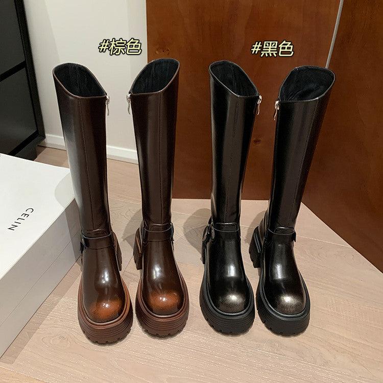 Karin Luna In Stock Spot Goods Round Toe Thick Sole Belt Buckle Straight Long Boots