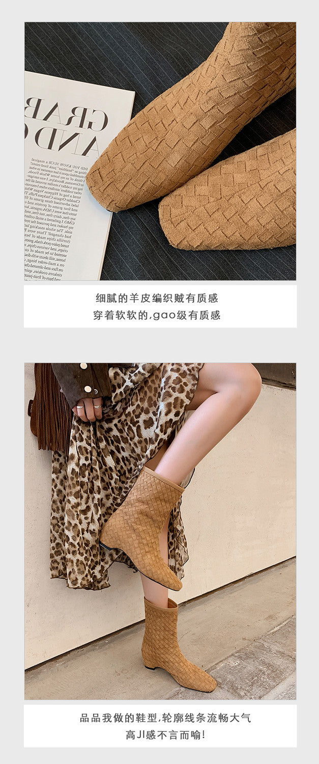 Karin Luna Handmade Woven Fabric Small Square Toe Hidden Heel Short Boots