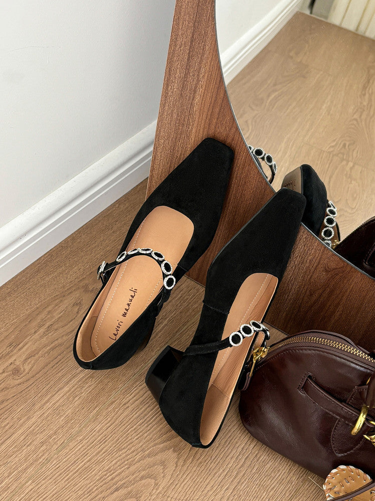 Karin Luna In Stock Spot Goods  Vintage Full Leather Square Toe Rhinestone Strap Shallow Mouth Single Shoes