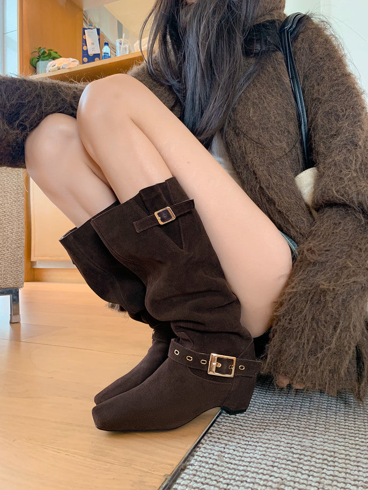 Karin Luna Data Model Belt Buckle Matte Square Toe Hidden Wedge Slouch Western Boots