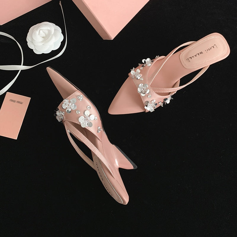 Karin Luna Bestseller Sequin Elements Elegant Pointed Toe Irregular Heel Slippers