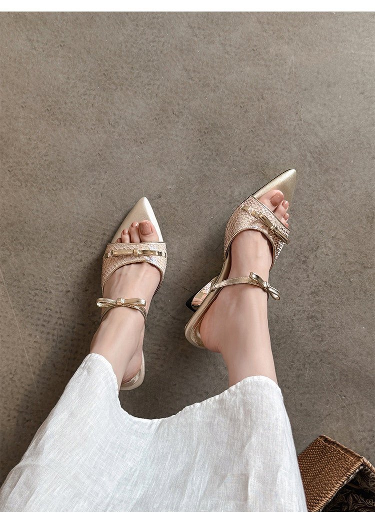 Karin Luna Fish Skin Series~Pointed Toe Irregular Heel Bowknot Strap Slippers