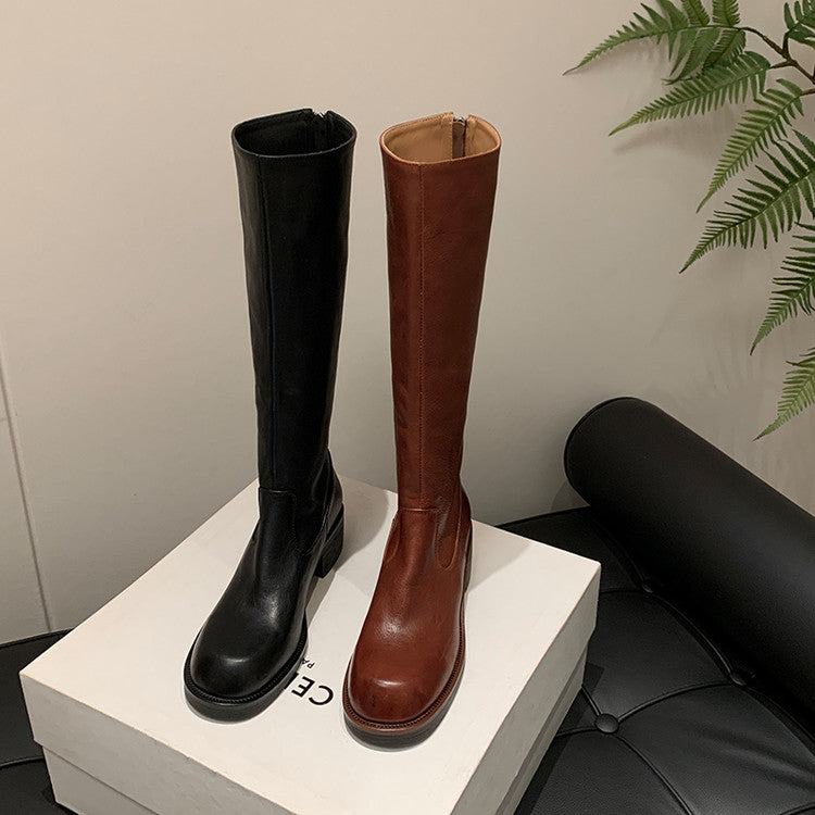 Karin Luna Basic Versatile Style Round Toe Chunky Heel Long Boots