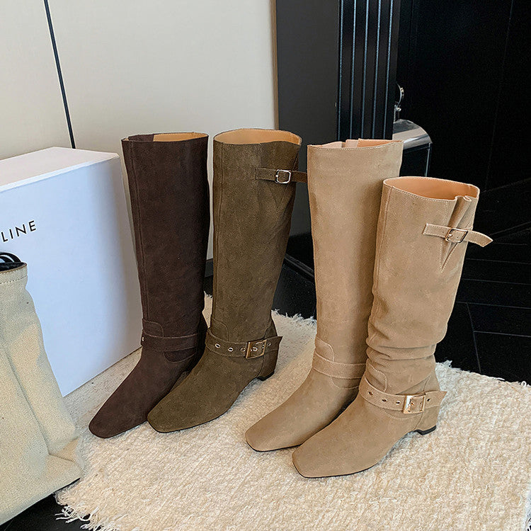 Karin Luna Data Model Belt Buckle Matte Square Toe Hidden Wedge Slouch Western Boots