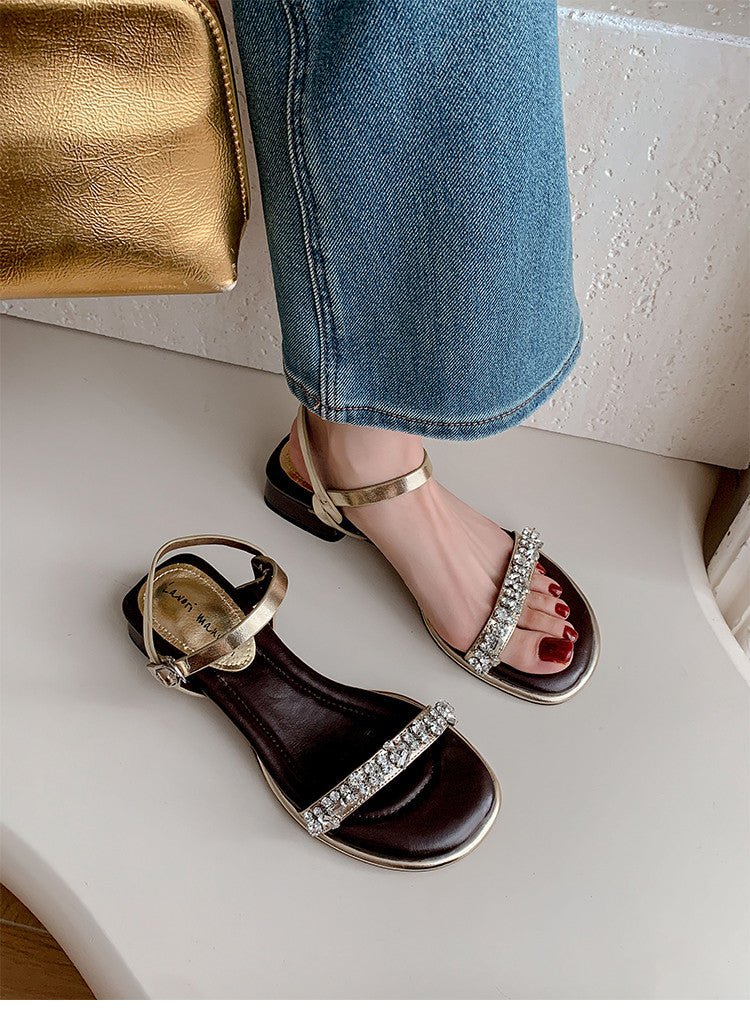 Karin Luna In Stock In Stock  Rhinestone Strap Round Toe Chunky Heel Sandals