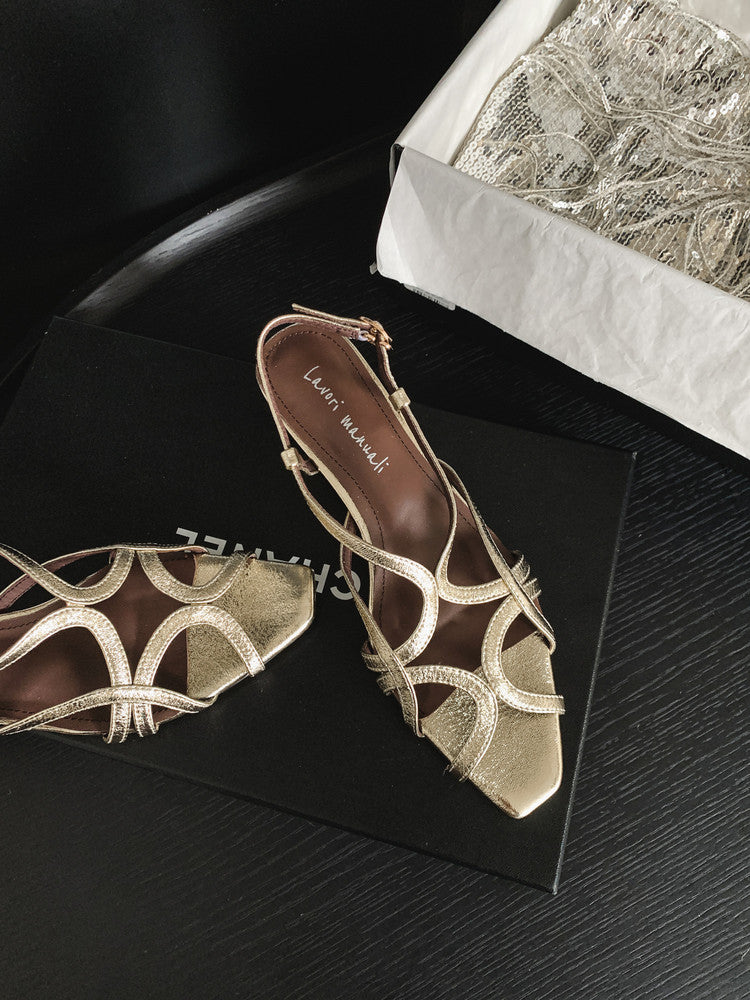 Karin Luna French Hollow Style Small Square Toe Chunky Heel Sandals
