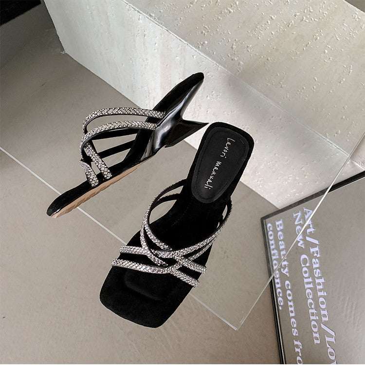 Karin Luna In Stock Spot Goods  Rhinestone Cross Strap Square Toe High Heel Slippers